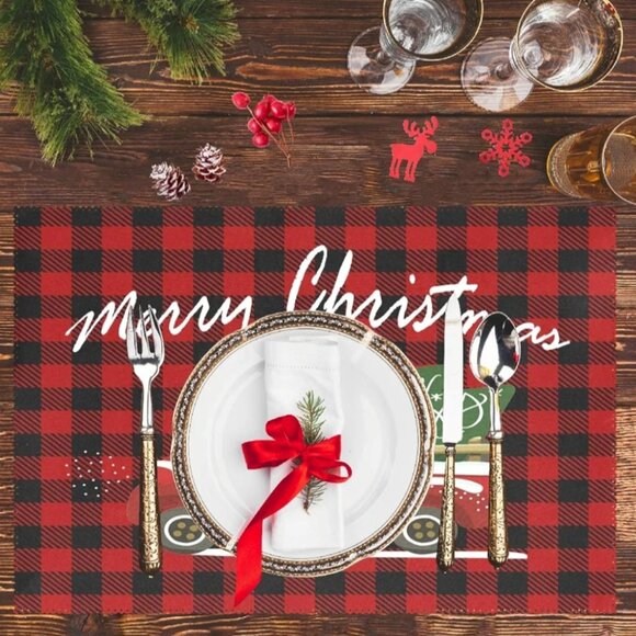 NWT VISESUNNY MERRY CHRISTMAS Red Buffalo Plaid Placemats (6 qty each pack) - Picture 3 of 6